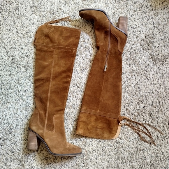 Franco Sarto Womens Elnora Cognac Suede Over The Knee OTK Fringe Boots Sz 9,5 - Picture 1 of 13